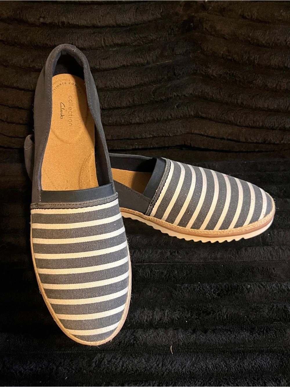Clarks Navy and White Striped Canvas Slip-On Espadrille Flats